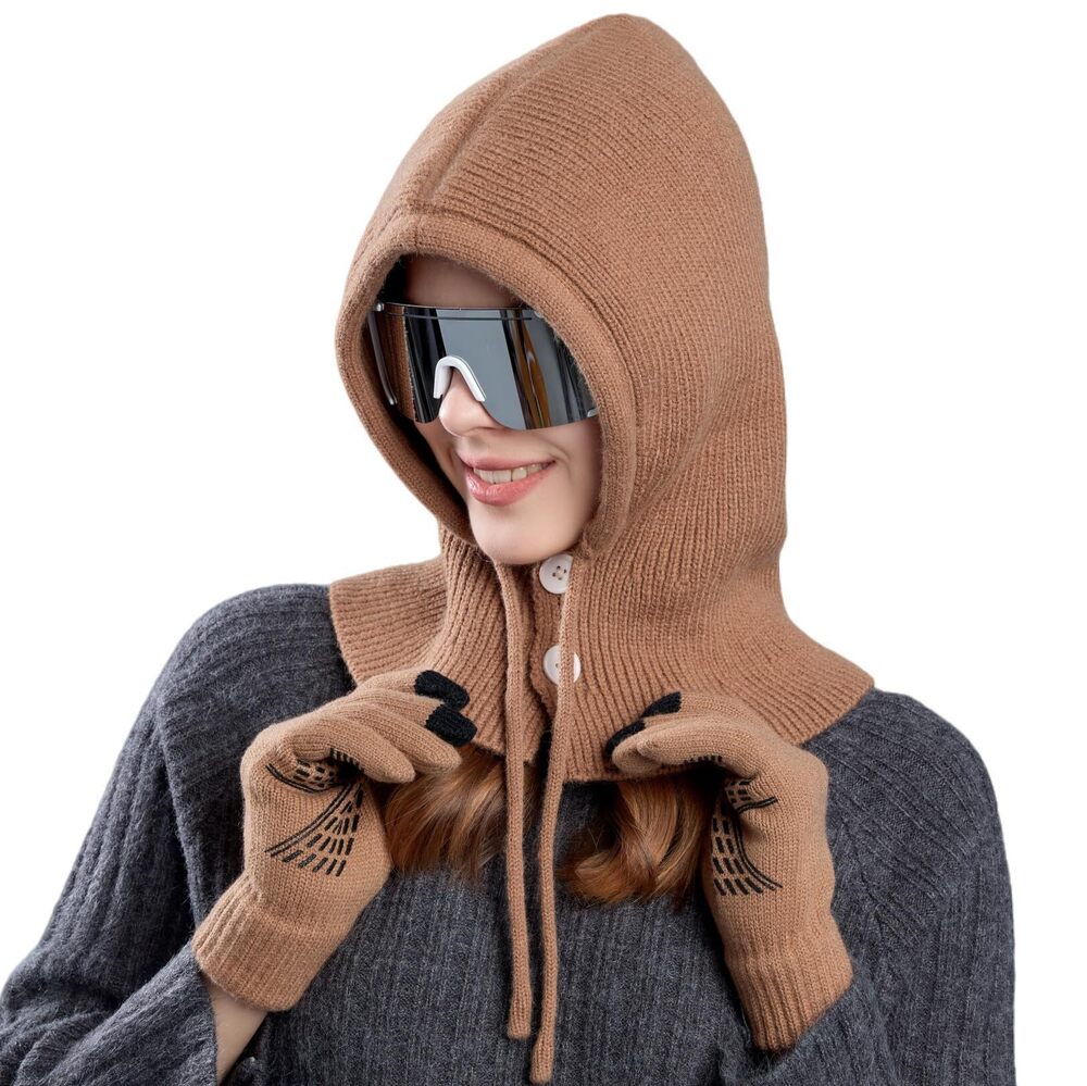 9292 Winter Beanie Hats Warm Hooded Scarf Hat Balaclava Neck Gaiters Knit